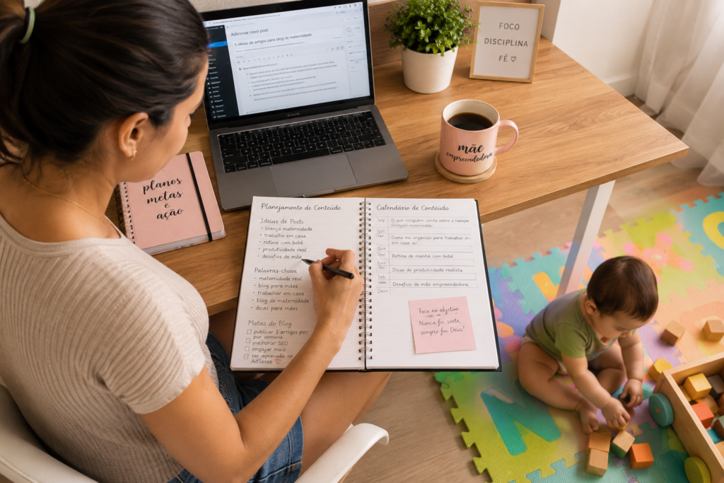 Mãe trabalhando no planejamento de conteúdo do blog em um home office, escrevendo em um planner ao lado do notebook enquanto o bebê brinca em um tapete de atividades próximo à mesa.  Legenda