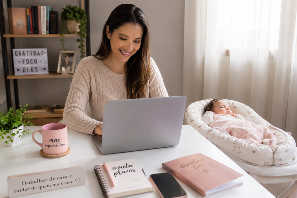 Mãe empreendedora sorrindo e trabalhando no notebook em sua mesa de home office, enquanto o seu bebê recém-nascido dorme pacificamente em um ninho ao lado. Na mesa há uma caneca rosa escrito mãe empreendedora, um caderno de planejamento escrito meta e planos, e uma placa de madeira.