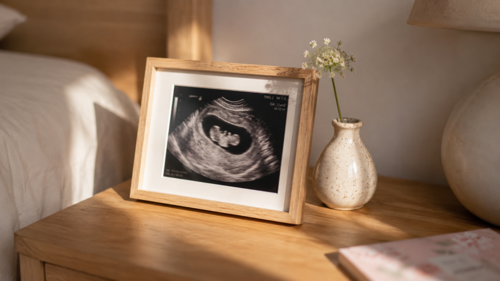  Foto em preto e branco de um primeiro ultrassom de bebê em um porta-retratos de madeira minimalista em cima do móvel.